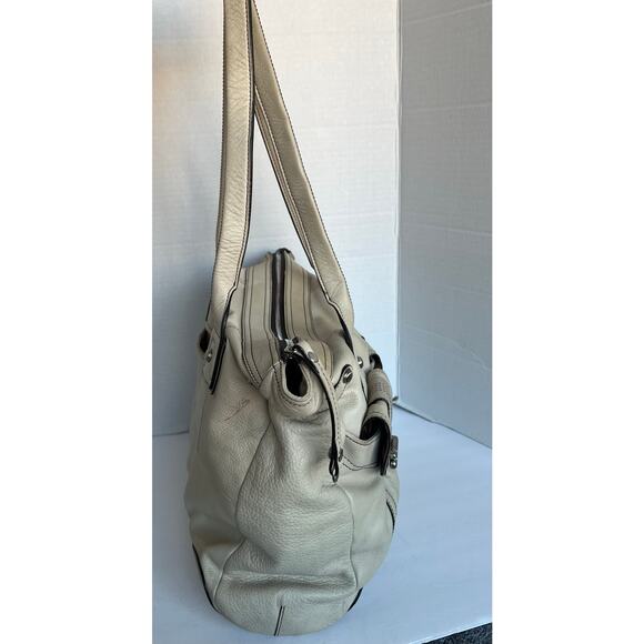 B. Makowsky Cream Off White Pebble Leather Brown Stitching Hobo XL Shoulder Bag - Picture 3 of 14